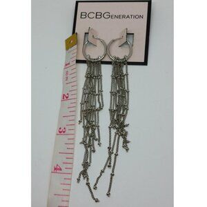 BcBGeneration long metal tassel fringe hoop earrings silver tone